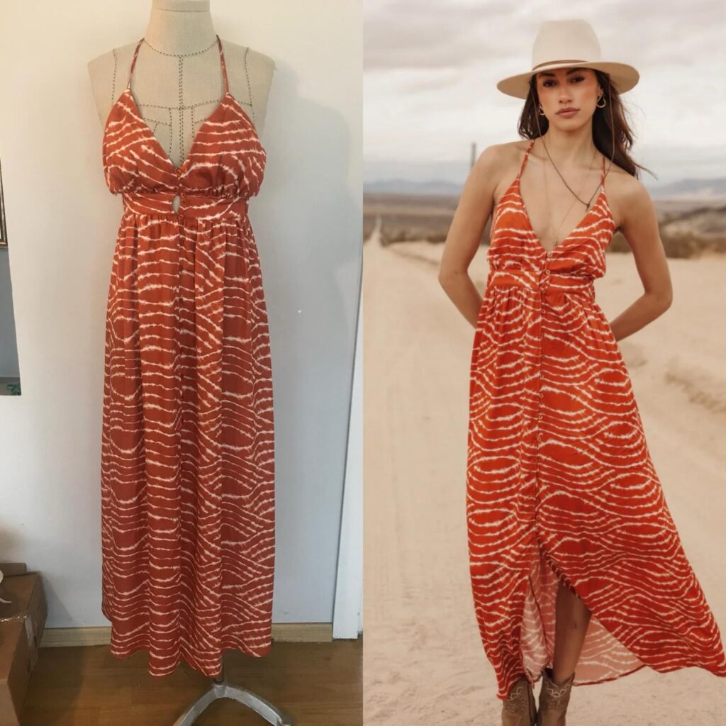 Orange summer dress - lightweight and printed fabric, perfect for warm days. Manufactured by Alle Textile.